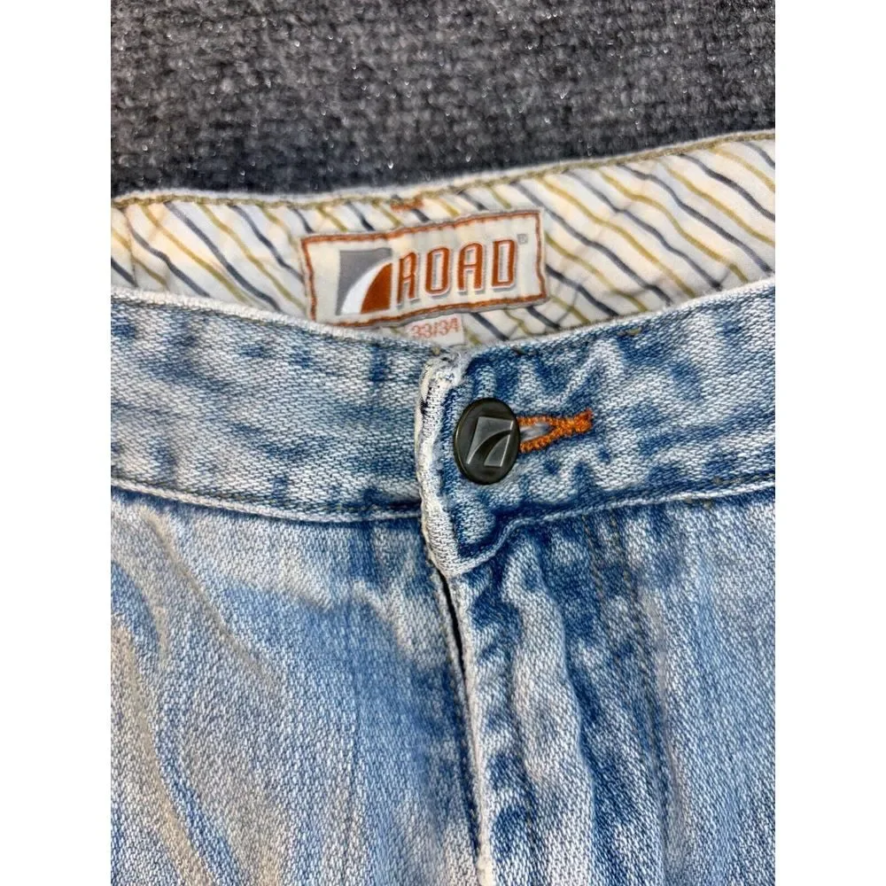 Road Jeans Men Size 33x34 Blue Denim Pockets Flat Front Regular Fit Straight Leg